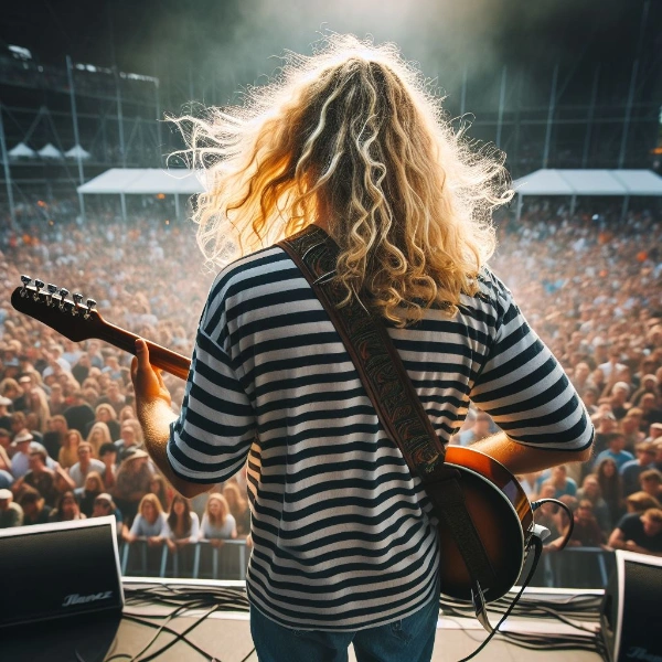 ストライプTシャツのギタリスト