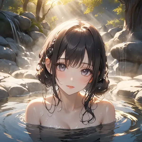 森の温泉に佇む少女