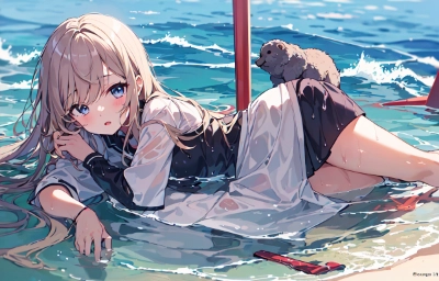 海で横になる女の子