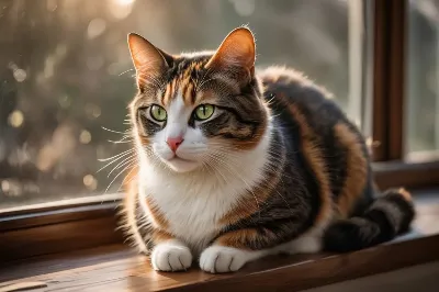 窓辺の三毛猫と夕陽の秘密