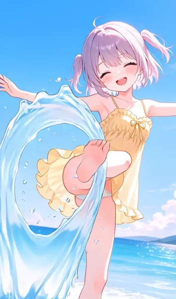 波打ち際でパシャパシャ