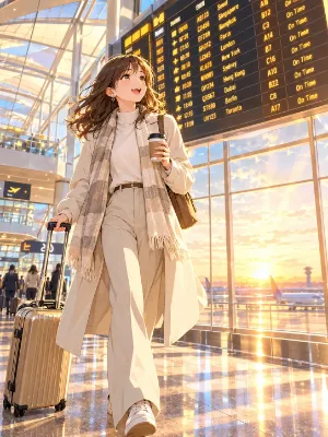 夕陽の空港で旅立ちの笑顔