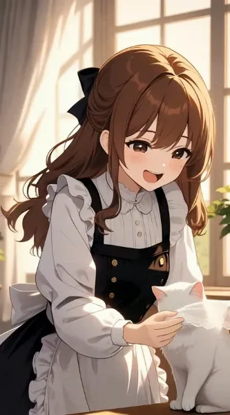 一緒に暮らす白猫にレースの飾りをつけようと企む少女とやんわりと拒否る白猫