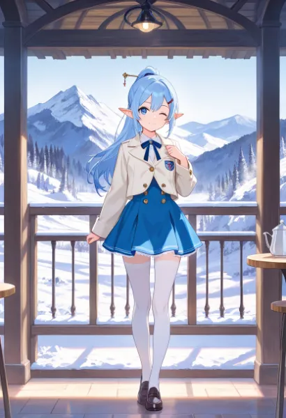 青の帯が遠景を包み、淡い想いが胸に舞う