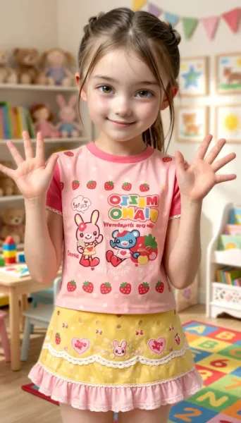 姿見でお出かけ前のチェック。イチゴTシャツのコーデ