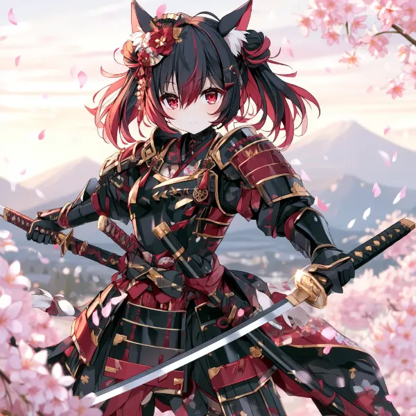桜舞う山河に立つ、紅猫の武姫
