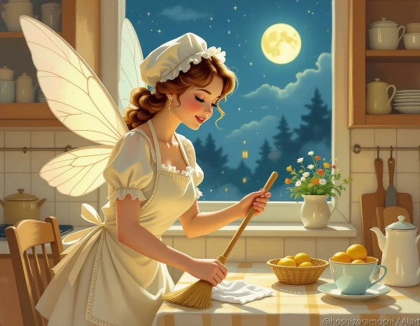 家事を手伝う妖精「夜の台所、静かな働き者」