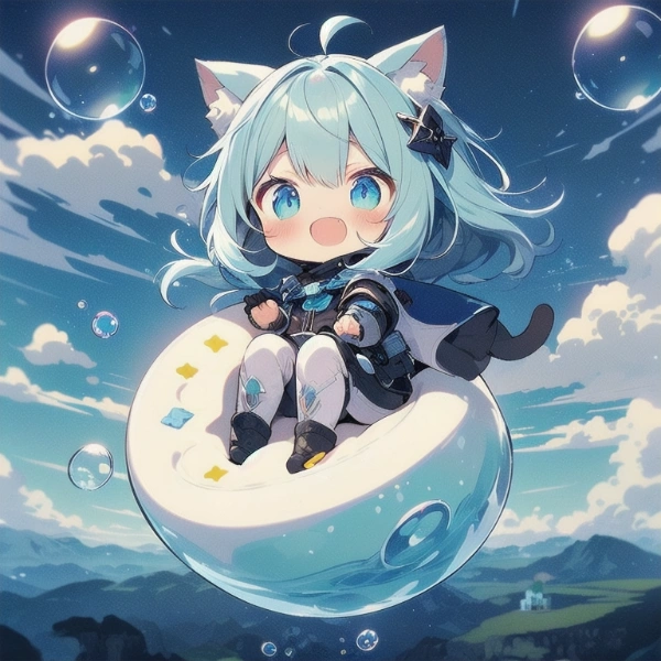 シャボン玉に乗るまいご猫