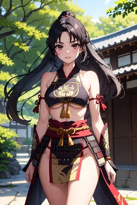 陽光に輝く黒髪の女武者