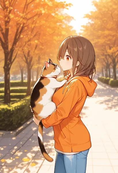 秋風に揺れる猫との優しいキス