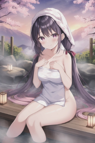 桜舞う夕暮れの温泉