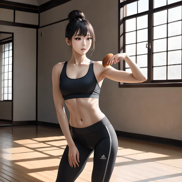 和室でポーズを取るフィットネスガール