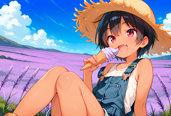 ラベンダー畑とサロペット少女