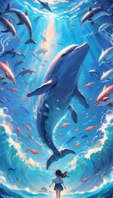 色とりどりの海を泳ぐイルカ