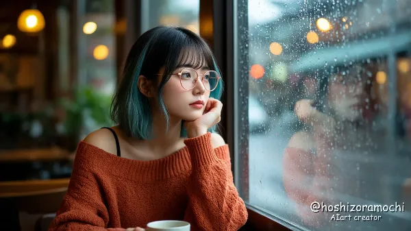 雨の日のカフェ窓際、滴る思考