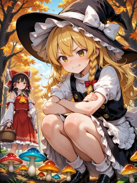 秋の森のきのこたちと、待ちぼうけの霊夢