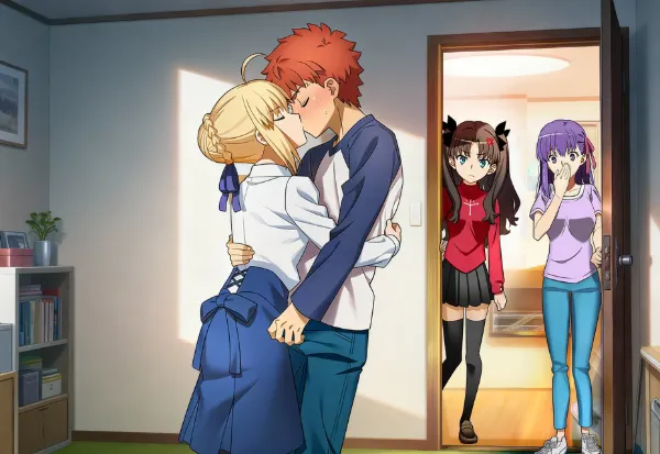 士郎とのアルトリアのキスを目撃してしまい驚く桜と嫉妬する凛