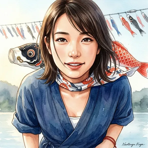 こいのぼり・湖を渡す空の朝