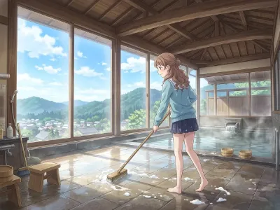 湯宿で清掃の手伝い