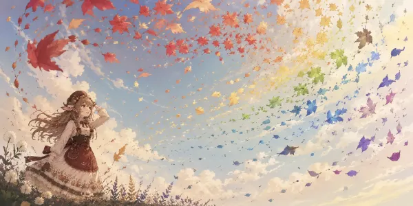 虹色の落ち葉が舞う空と少女