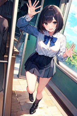 電車の中で小走りする少女