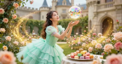 ミントグリーンドレスの姫と魔法のマカロン｜城の庭園で輝くファンタジーアート