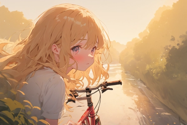 夕暮れ時、川と自転車