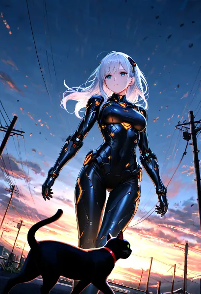 夕暮れのサイバーガールと黒猫の旅