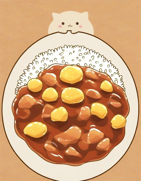 ひょっこり顔を出す猫とカレー