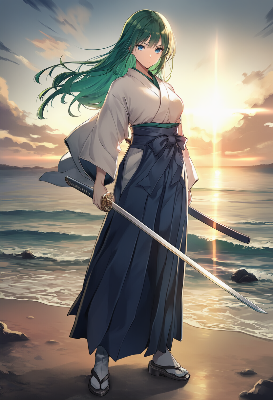 夕陽の海辺に立つ翠髪剣士