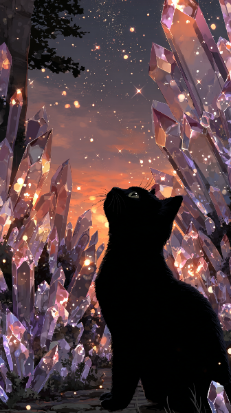 星空の下のクリスタルと見上げている黒猫🐈‍⬛
