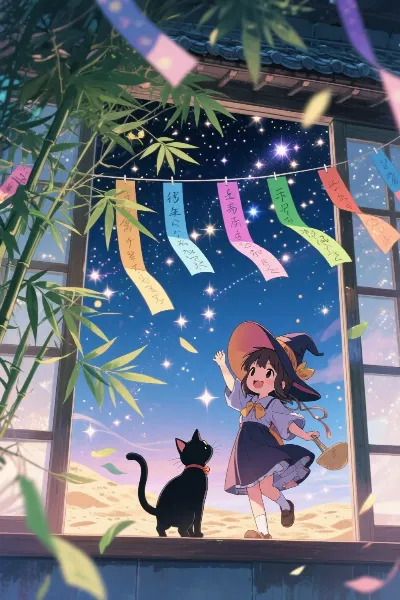 星空の窓辺で魔女と黒猫の願い