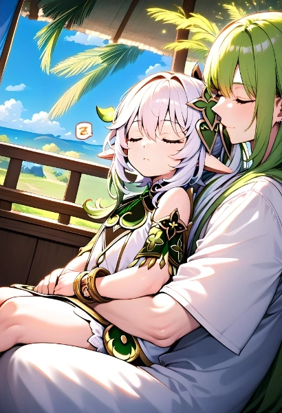 原神のナヒーダとFGOのエルキドゥが仲良くお昼寝🌿😴