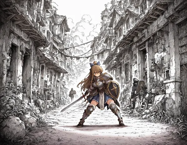 廃墟の街で剣を構える少女戦士