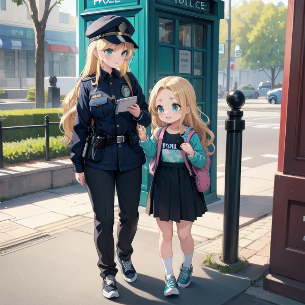 おまわりさんに道を尋ねるおでこちゃん