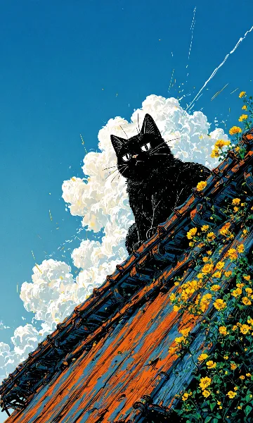 屋根の上には黒猫