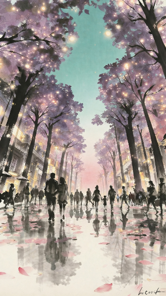 桜並木の夕暮れ散歩道／スマホ壁紙アーカイブ