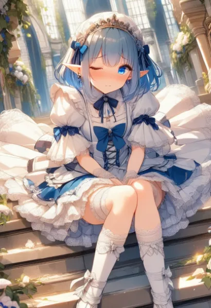 花咲く回廊、青のメイドと午後の風