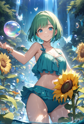 向日葵とボブカットの少女