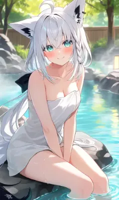 白上フブキ🦊🎤の露天風呂に入浴中♨️😍💞(タオル姿)