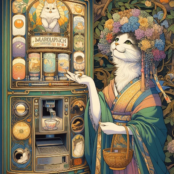 自動販売機でお茶を買う猫