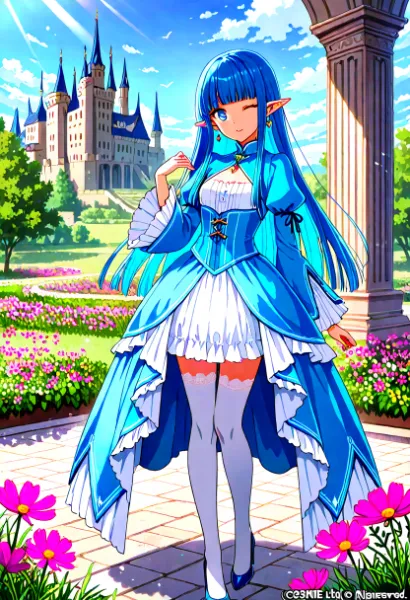 髪のひらめきが花の輪郭を撫でながら、城の影に沈んでいく