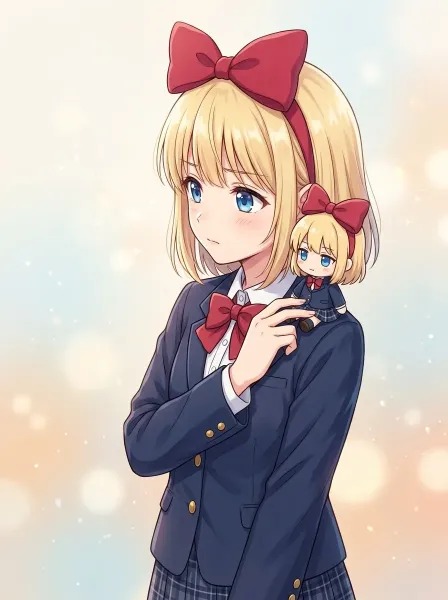自分そっくりなぬいぐるみを肩に乗せるムスメさん