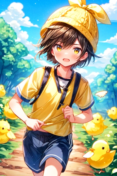 ひよこを追いかける、ブラウン短髪の少年！！(4枚)