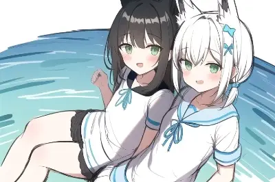 夏の海、姉妹 イラスト風