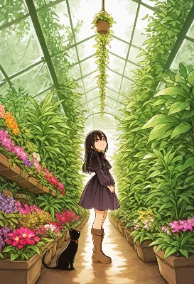 陽光差し込む温室の少女と黒猫