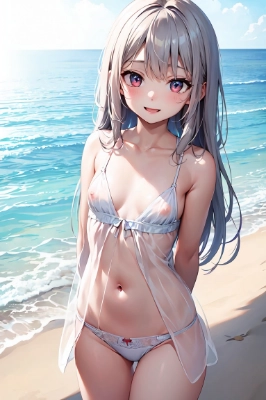 ネグリジェ姿で海辺を歩く美少女