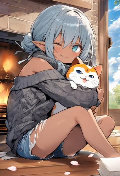 暖炉の前でじゃれ合うエルフさんとにゃんこ