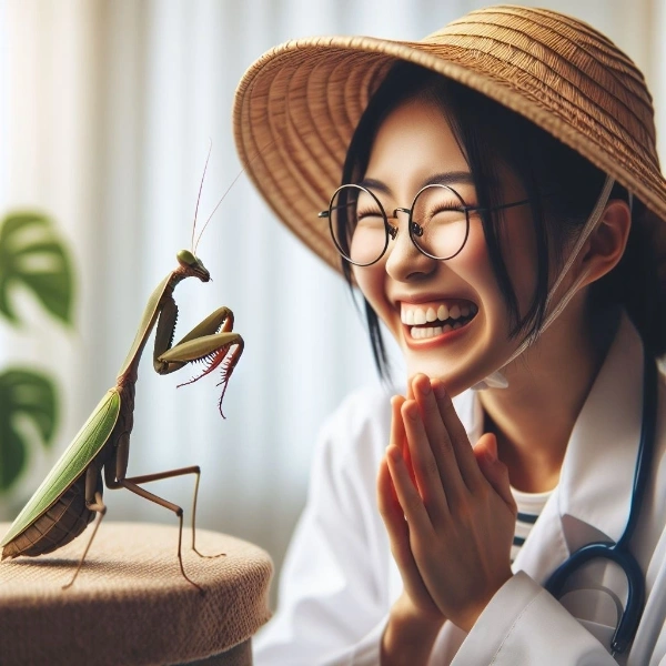 カマキリの威嚇に喜ぶ女子