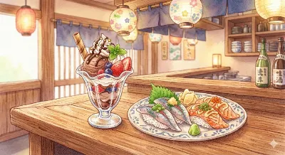 サーモン炙り！パフェ！いわし！